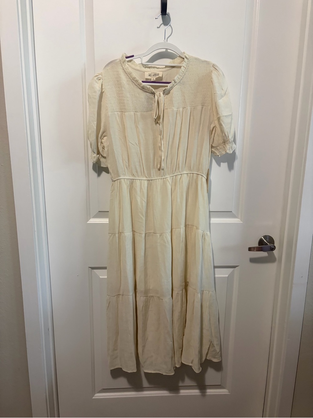 Sweet Wanderer Cream Tiered Midi Dress with Tie Neck